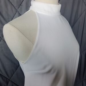 Women's Zara Sleeveless Mock Neck Split High Low Hem Zipper Back White Blouse